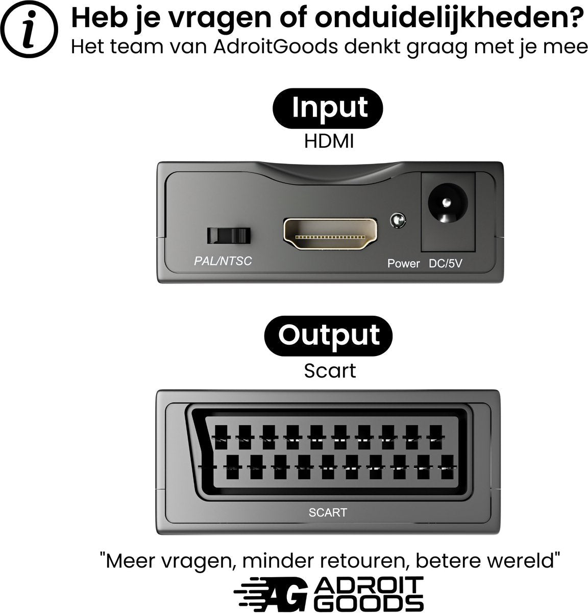 Zwarte adapter met HDMI-ingang, scart-uitgang en PAL/NTSC schakelaar in close-up