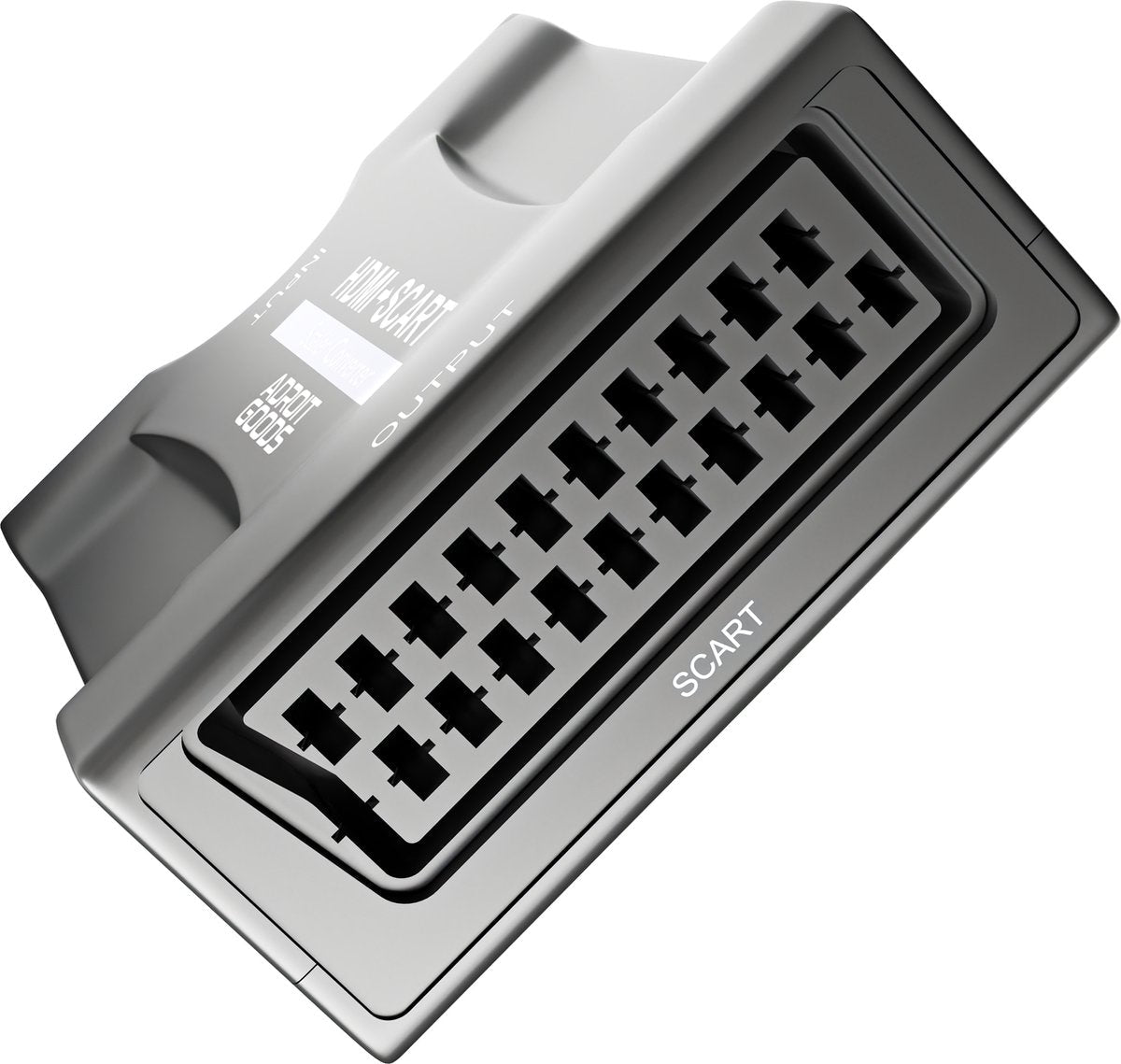 grijze SCART stekker met meerdere pinnen en merkdruk op zwarte achterzijde