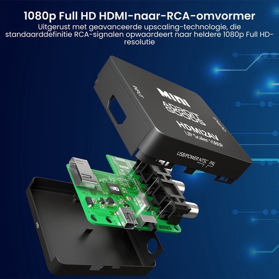 Exploded view van een zwarte HDMI-naar-RCA-omvormer met groene elektronische printplaat