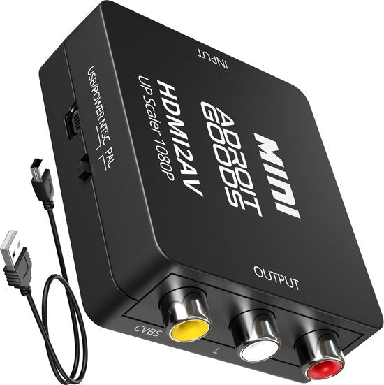 Zwarte mini HDMI naar AV converter box met kabel en input-output aansluitingen