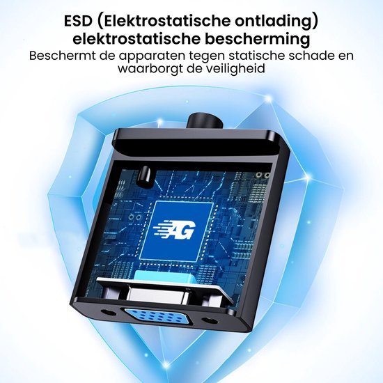 Zwarte elektronische connector omgeven door blauwe schildillustratie ter bescherming tegen statische elektriciteit