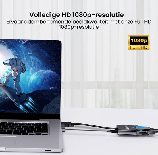 Laptop met 1080p Full HD resolutie aangesloten op een adapter met meerdere kabels