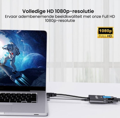 Laptop met 1080p Full HD resolutie aangesloten op een adapter met meerdere kabels