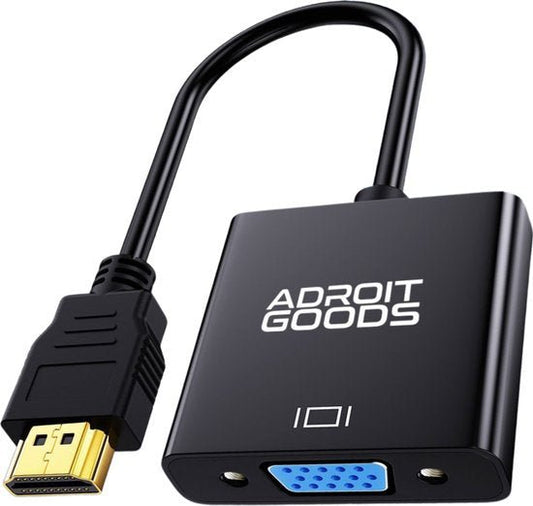 zwarte AdroitGoods adapter met HDMI stekker en VGA aansluiting voor beeldschermconnectie