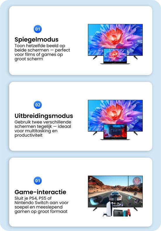 Twee schermen met dezelfde bloem en een gameconsole die op een groot scherm speelt