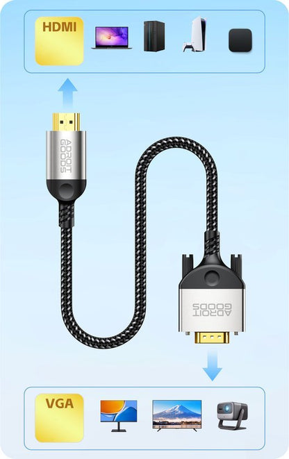 Zwart gevlochten HDMI naar VGA adapterkabel geschikt voor verschillende apparaten en monitoren zichtbaar