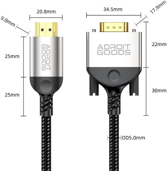 Zilverkleurige AdroitGoods kabel met afmetingen en gevlochten buitenlaag zichtbaar.