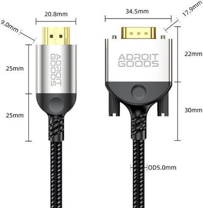 Zilverkleurige AdroitGoods kabel met afmetingen en gevlochten buitenlaag zichtbaar.