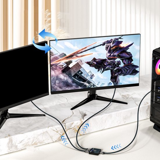 Twee computerbeeldschermen met draaibare functie, aangesloten op een gaming-pc met kabels