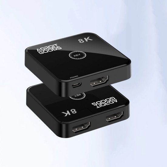 compact zwart apparaat met 8k label en meerdere poorten voor audio en video aansluitingen