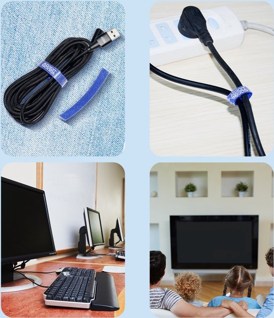 Blauwe klittenband kabelbinder voor het organiseren van kabels bij computer en tv gebruik