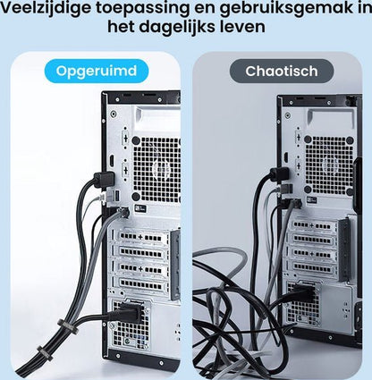Vergelijking van een opgeruimde en chaotische kabelorganisatie achter een computerkast.