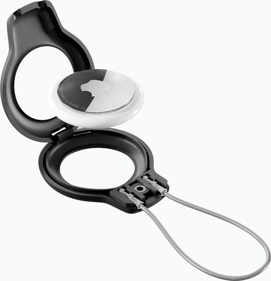 Zwart opbergdoosje open met wit rond apparaat en koordje tegen witte achtergrond