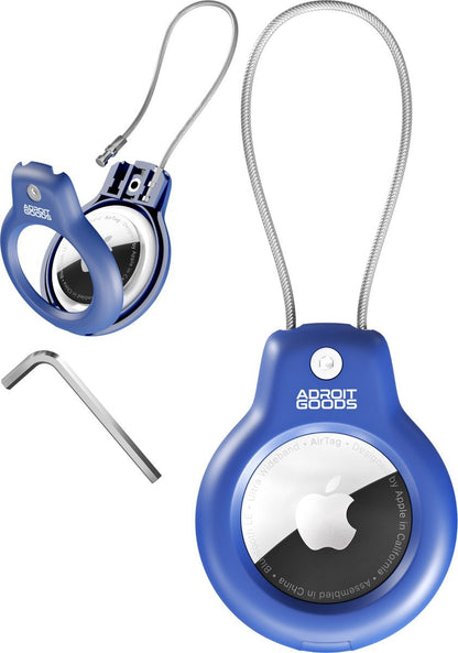Blauwe houder met metalen kabel en ingebouwde Apple AirTag, inclusief inbussleutel.