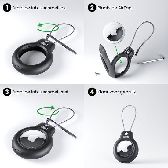 Stapsgewijze instructies voor het plaatsen van een AirTag in een zwarte houder met sluiting