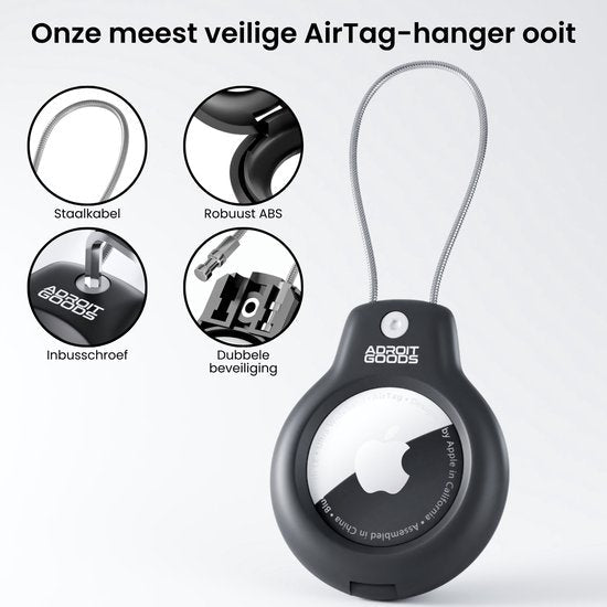 Veilige zwarte AirTag-hanger met stalen kabel, robuust ABS en dubbele beveiliging