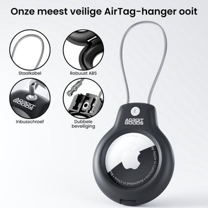 Veilige zwarte AirTag-hanger met stalen kabel, robuust ABS en dubbele beveiliging