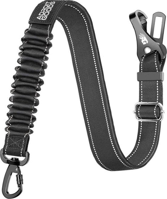 zwarte verstelbare riem met haak en gesp voorzien van elastische segmenten en stiksels