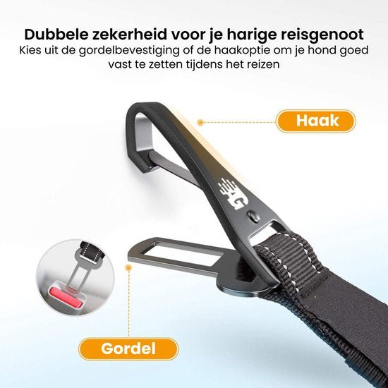 Veiligheidsharnas met haak en gordelbevestiging voor reizen met je hond