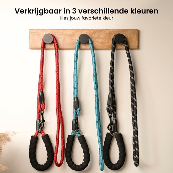 Drie verschillende gekleurde hondenriemen met zachte handgrepen hangen aan een houten haakbord.