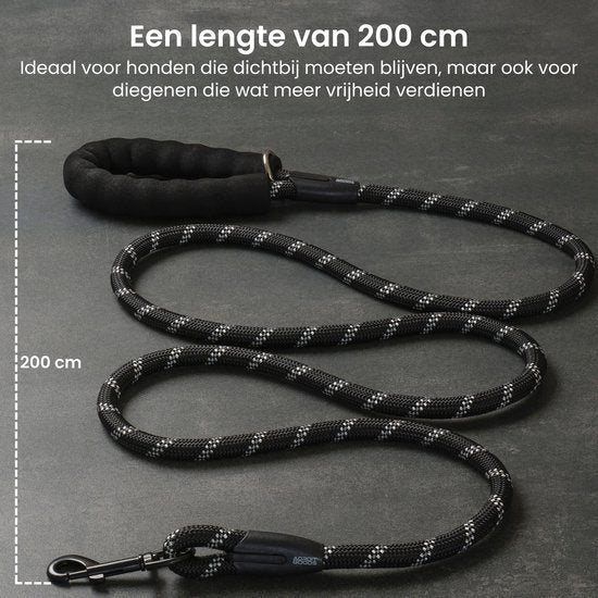 Zwarte hondenriem van 200 cm met zacht handvat en stevige karabijnhaak.