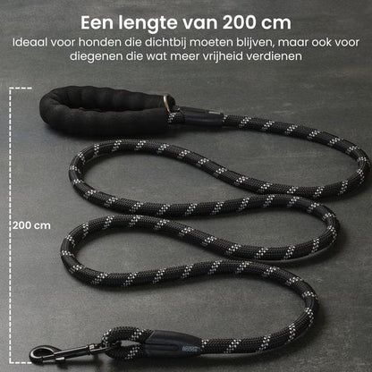 Zwarte hondenriem van 200 cm met zacht handvat en stevige karabijnhaak.
