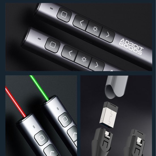 Zwarte laserpointers met bedieningsknoppen en oplader geïllustreerd in drie close-up beelden