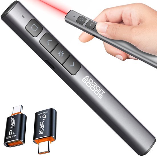 Hand met laserpointer en afstandsbediening in metalen behuizing met USB-C adapters erbij