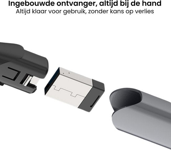 Close-up van zwarte en grijze onderdelen met een kleine draadloze ontvanger ertussen.