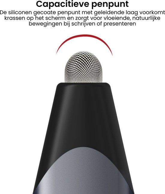 Close-up van een zwarte stylus met siliconen punt voor soepel en krasvrij gebruik