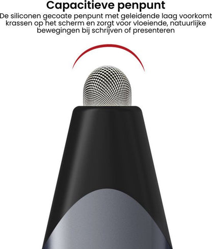 Close-up van een zwarte stylus met siliconen punt voor soepel en krasvrij gebruik
