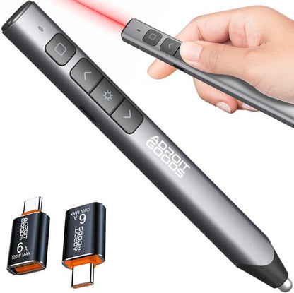 Hand die draadloze presenter met laserpointer en USB-adapters vasthoudt in grijze kleur