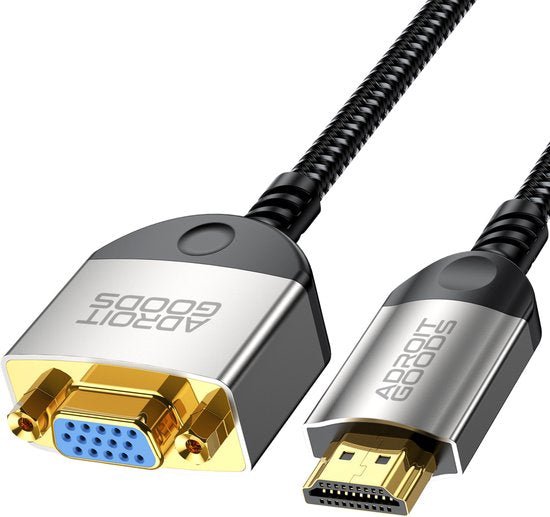 Zwarte gevlochten kabel met metalen HDMI- en VGA-connectoren met gouden contactpunten