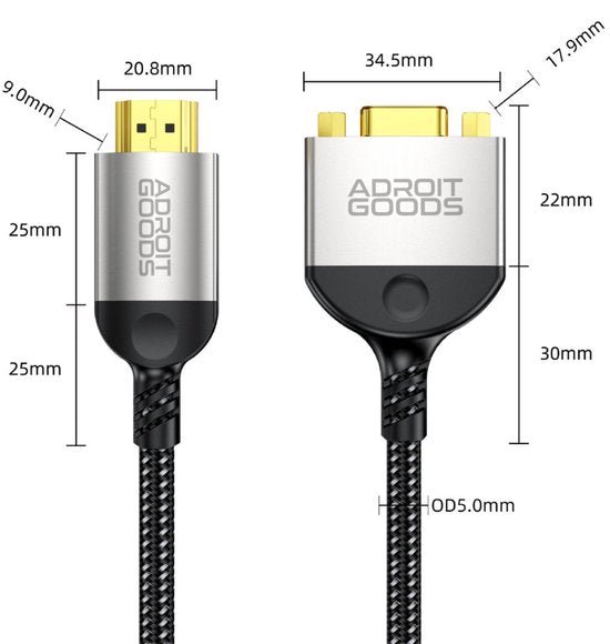 Zwarte gevlochten kabel met zilveren AdroitGoods connectoren en gedetailleerde afmetingen.