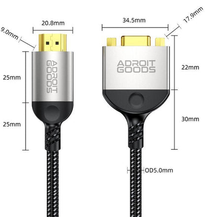 Zwarte gevlochten kabel met zilveren AdroitGoods connectoren en gedetailleerde afmetingen.