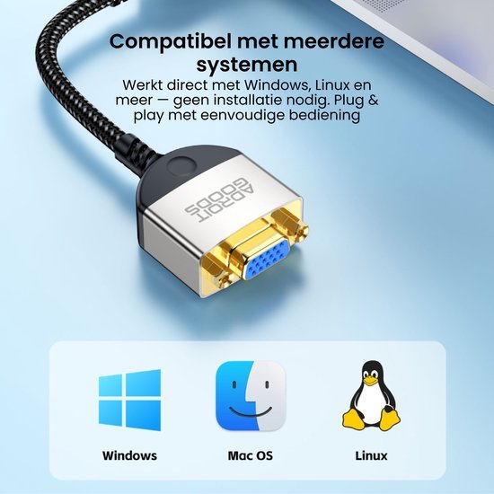 Zilveren VGA-adapter met gouden connectoren en compatibel met Windows, Mac OS en Linux systemen