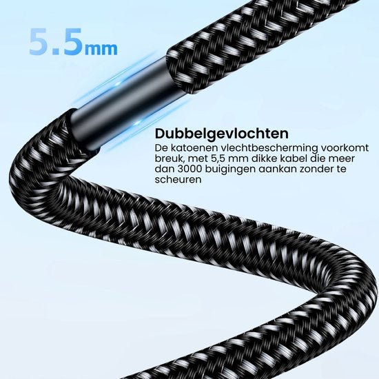 Zwart-wit dubbelgevlochten kabel met katoen beschermlaag en flexibele buigbaarheid van 5,5 mm.