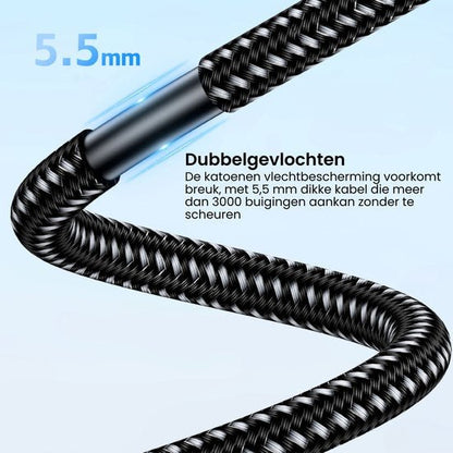 Zwart-wit dubbelgevlochten kabel met katoen beschermlaag en flexibele buigbaarheid van 5,5 mm.