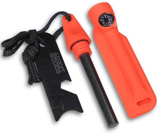 oranje vuurstarter met kompas en zwarte multifunctionele survival tool met touw