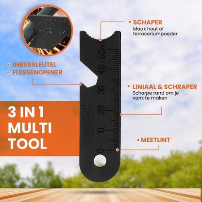Zwart 3-in-1 multitool met liniaal, schraper, inbussleutel en flessenopener.