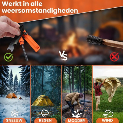 Hand houdt vuurstarter vast tegenover uitgebluste lucifer bij kampvuur in verschillende weersomstandigheden.