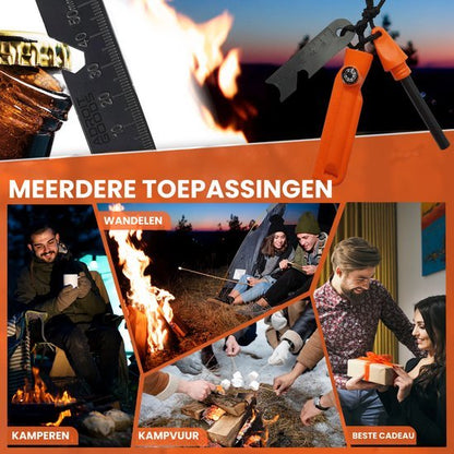 Open fles met opener, vuurtje maken, groep mensen rond kampvuur en cadeau geven in gezellige setting