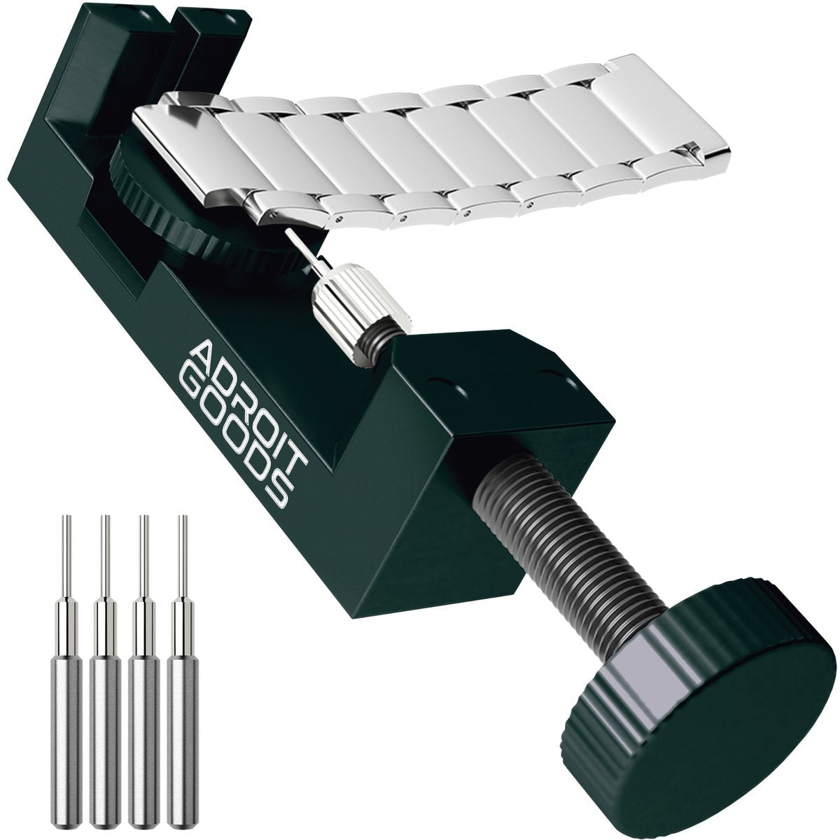 horlogeband reparatiegereedschap met metalen punaises en verstelbare klem in zwart