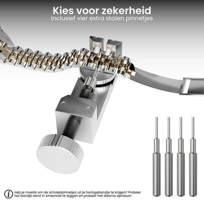 Horlogeband verbinden met stalen pinnetjes en versteltool voor extra zekerheid in gebruik