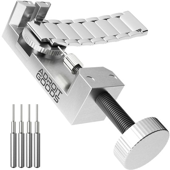 zilver metalen horlogeband inkortgereedschap met pinpunch set op witte achtergrond