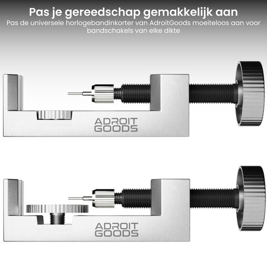twee roestvrijstalen horlogeband inkorters met zwarte verstelknoppen en pinnen mechanismen