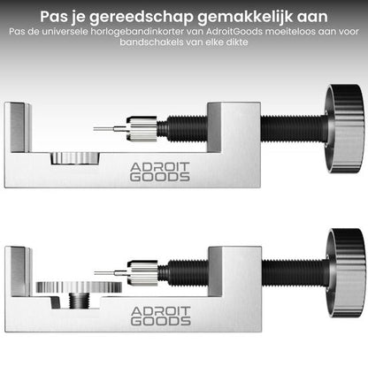 twee roestvrijstalen horlogeband inkorters met zwarte verstelknoppen en pinnen mechanismen