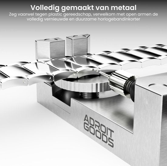 Close-up van een metalen horlogeband inkorter met glanzende schakels en verstelbare schroefmechanisme