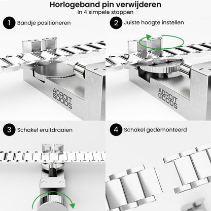 Vier stappen met gereedschap om horlogeband pin te verwijderen van metalen horlogeband.