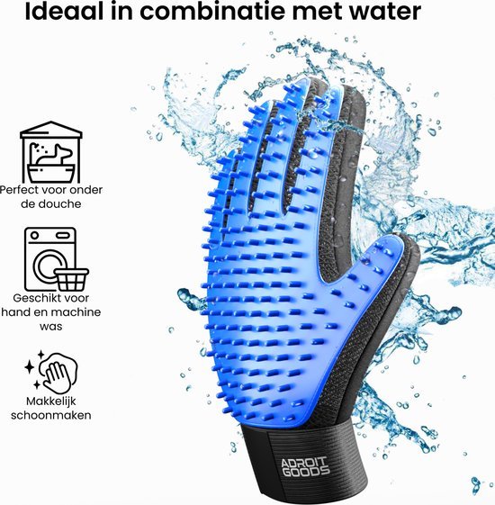 Blauwe siliconen handschoen met massageborstels, spetters water eromheen, geschikt voor reinigen